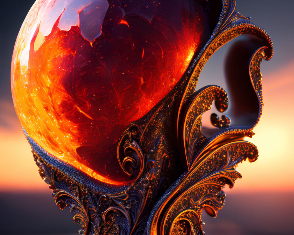 Intricate red and orange fractal sphere on pedestal at twilight