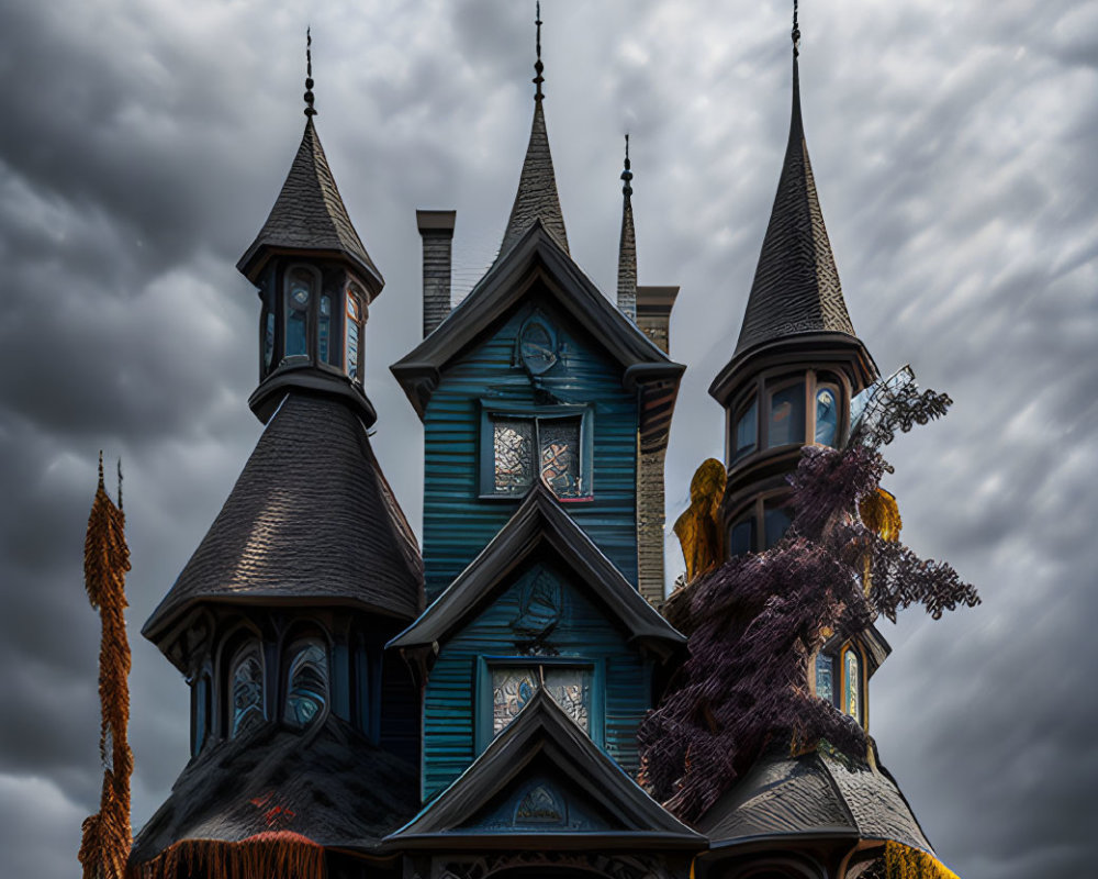 Eerie Victorian house with flying bats and purple foliage