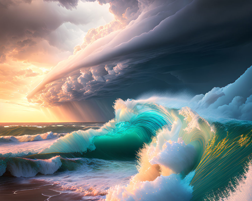 Dramatic Ocean Scene with Towering Waves and Cloud-Filled Sky