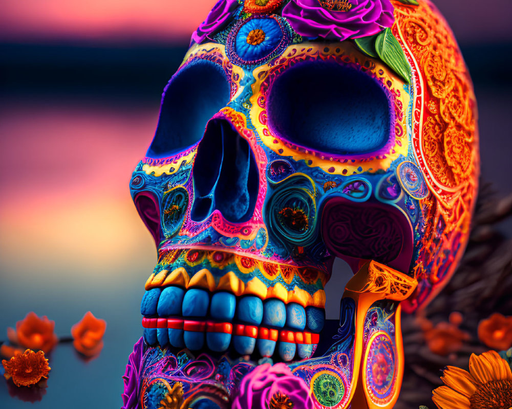 Decorated Skull with Floral Patterns at Sunset Over Water