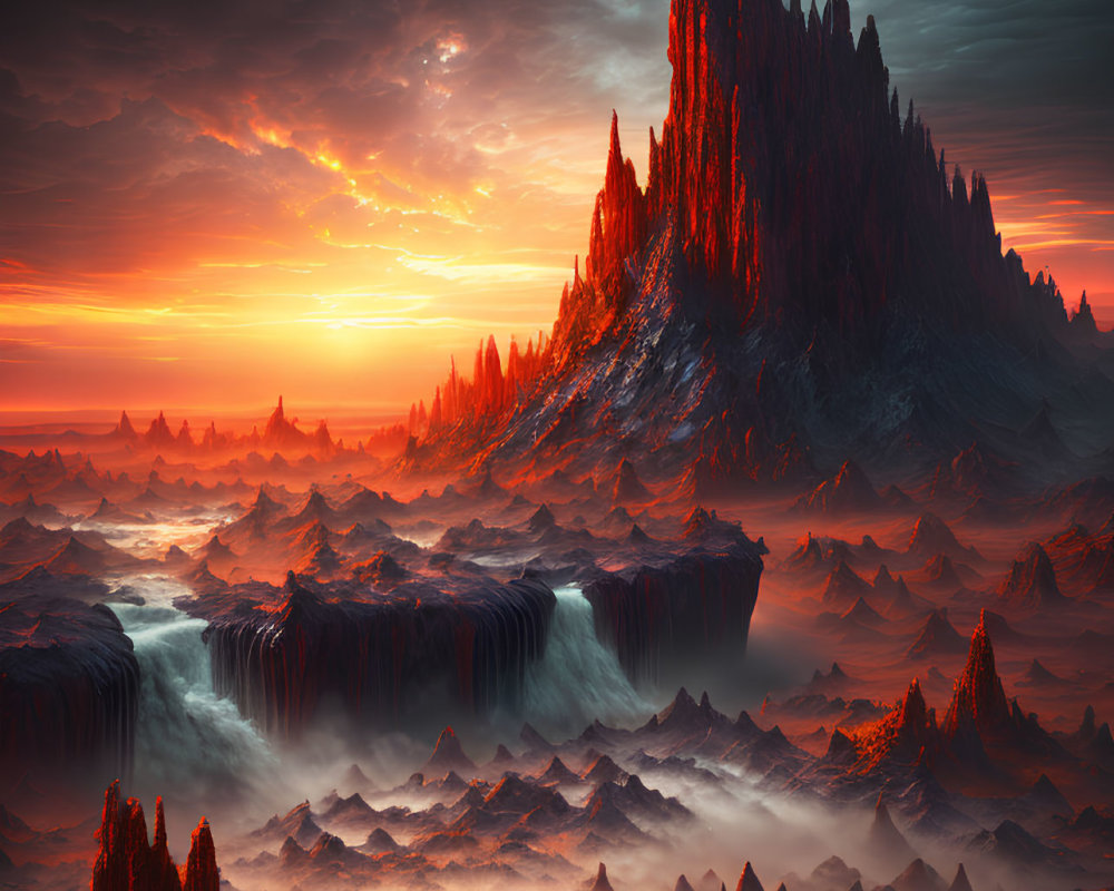 Dramatic Sunset Landscape with Rocky Spires and Waterfalls