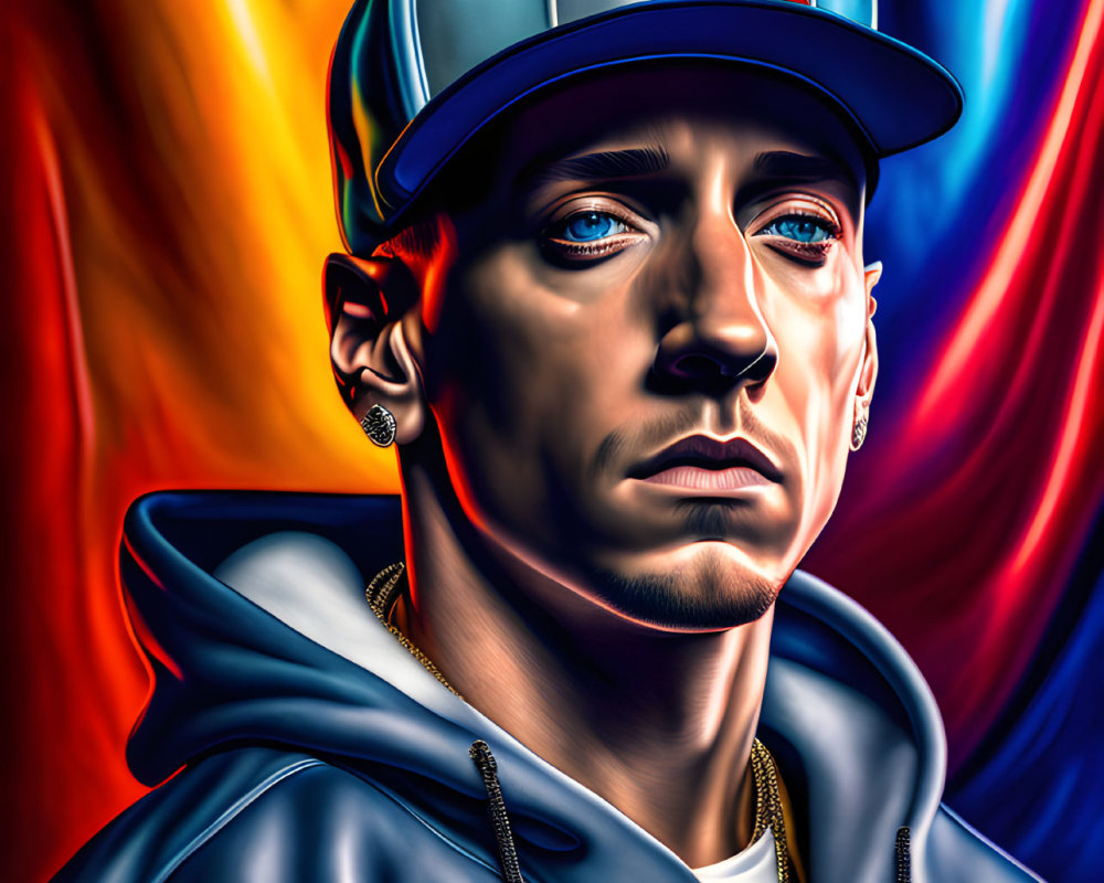 Stylized digital portrait of man with blue cap, earrings, and hoodie on fiery orange and cool