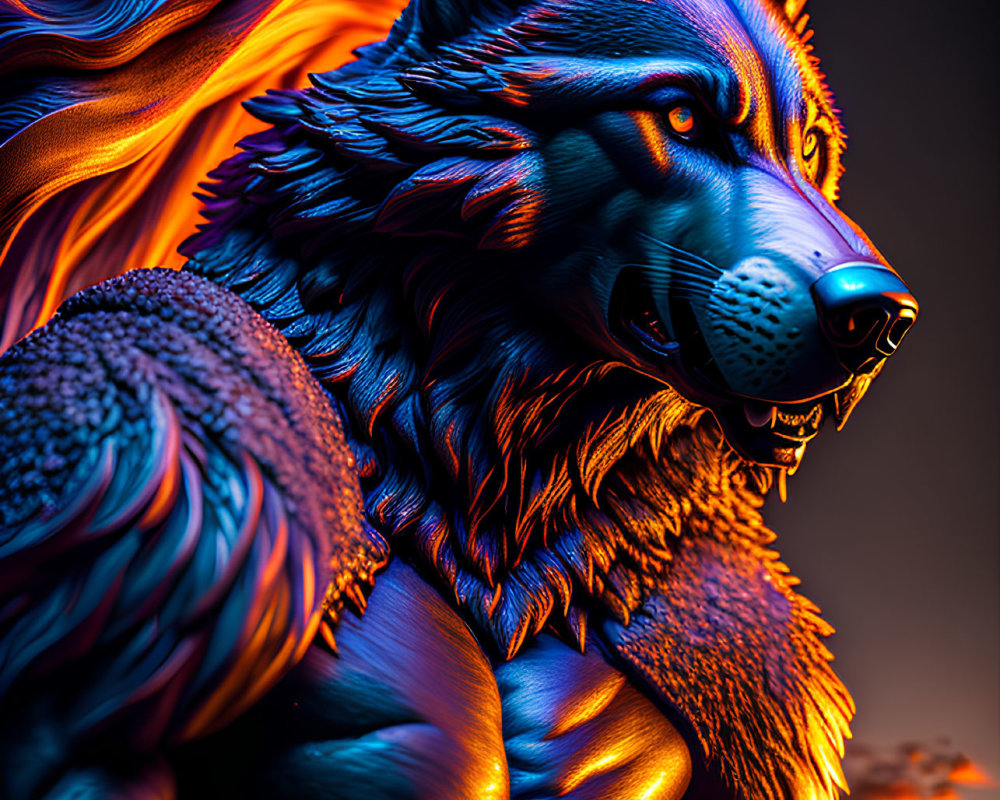 Colorful Anthropomorphic Wolf Character Against Sunset Sky with Fiery Mane