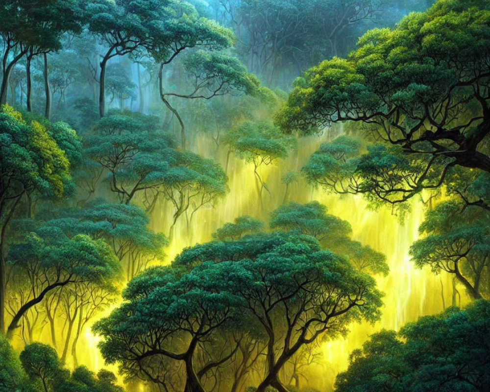 Mystical green forest with sunbeams through mist