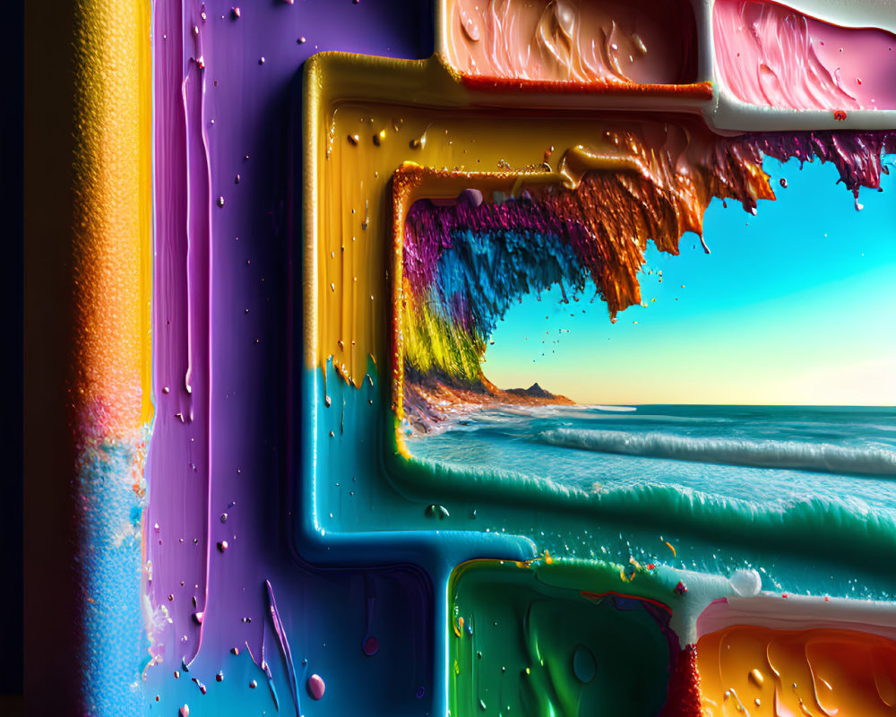 Colorful 3D structure melting into rainbow liquid on hardwood floor with beach scene visible through cavities