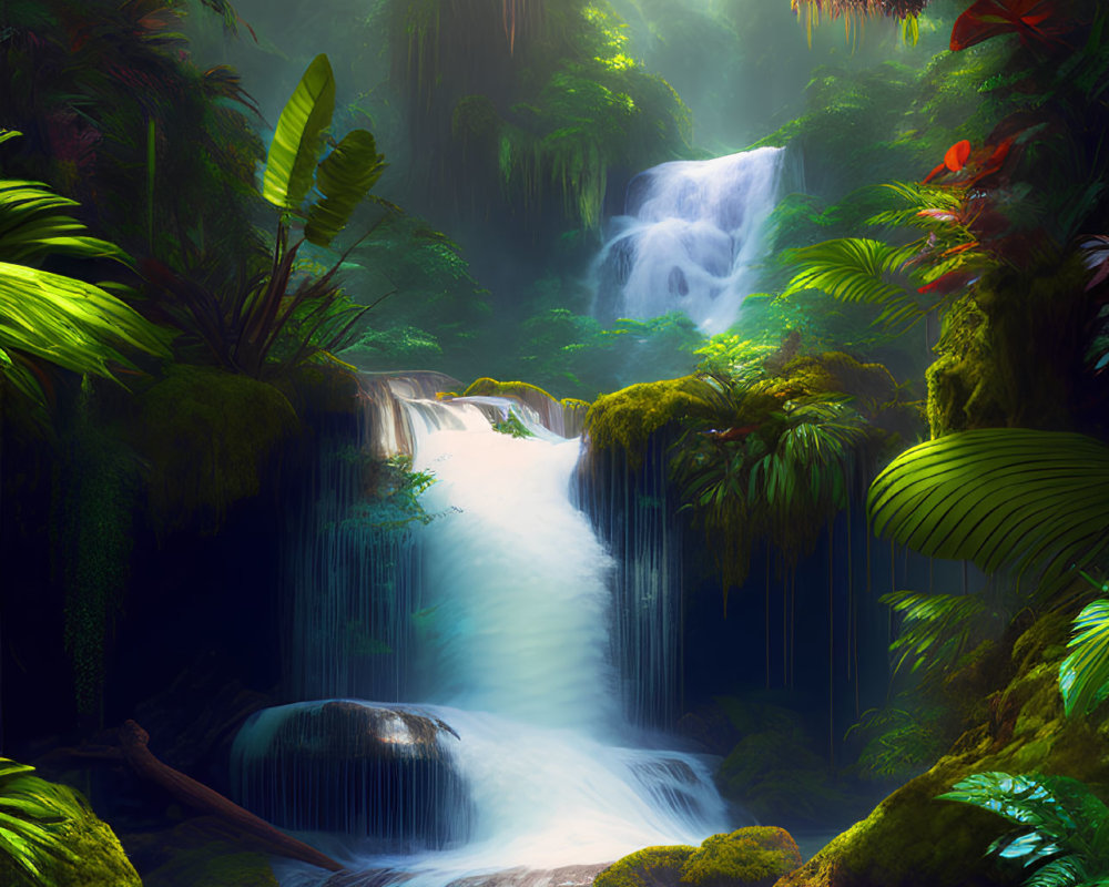 Lush Tropical Forest with Cascading Waterfall and Greenery