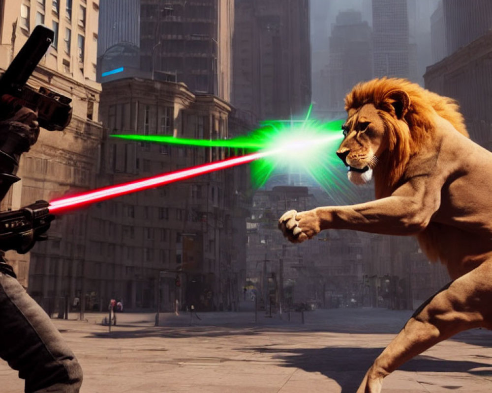 Fierce lion with green laser eyes vs. person with red lightsaber in urban battle