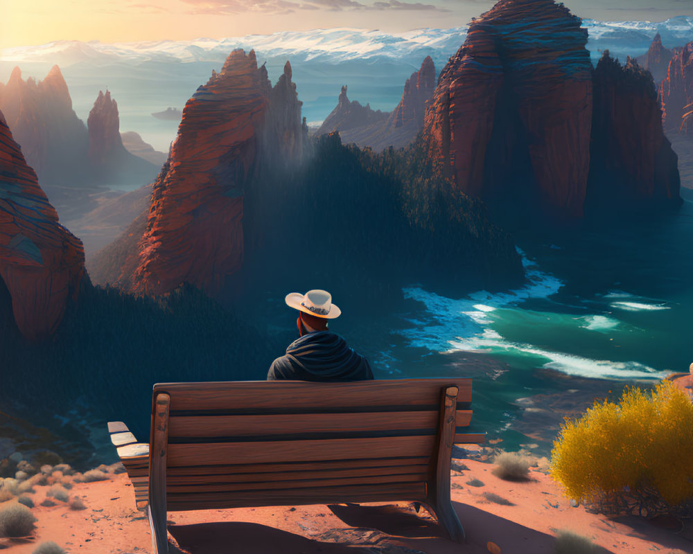 Person in hat gazes at majestic canyon view from bench