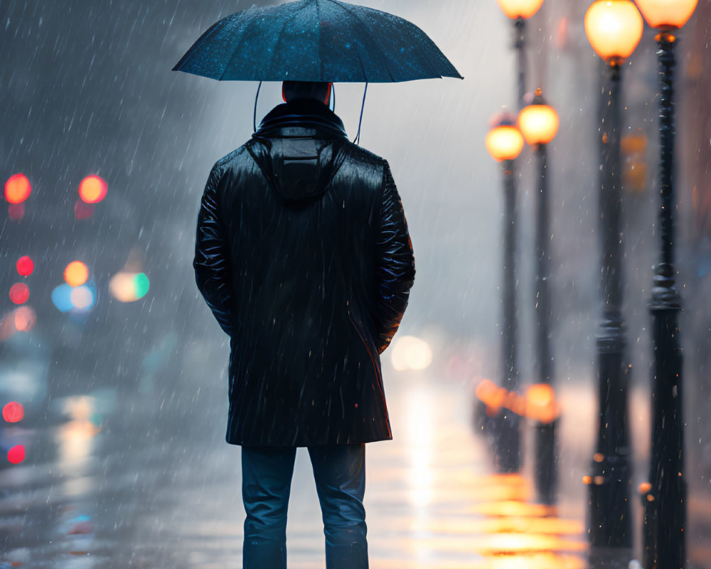 Night city street scene with person holding umbrella in rain