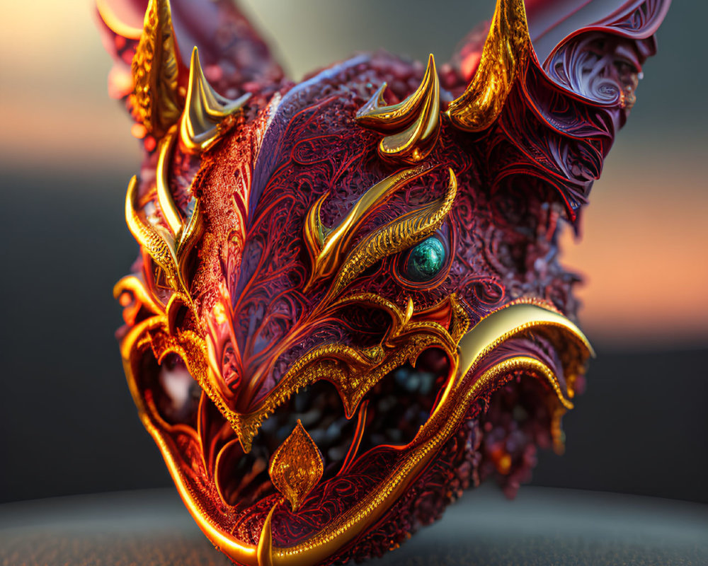 Intricate Red and Gold Dragon Mask with Horns and Green Eye