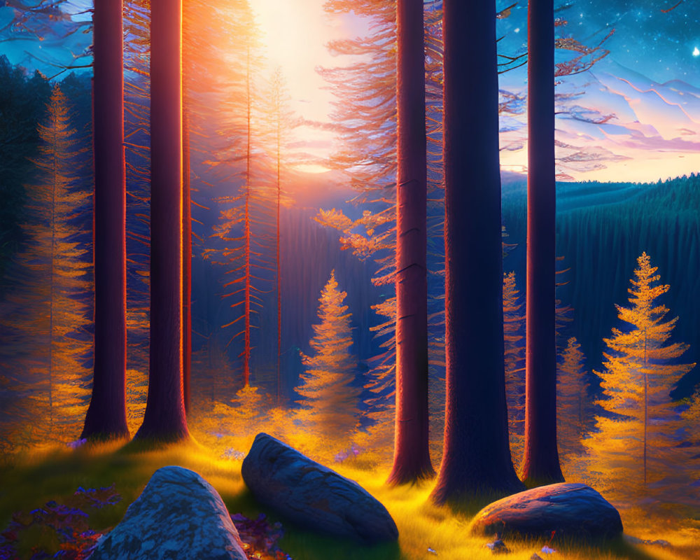 Lush forest scene transitions from sunset to starry night