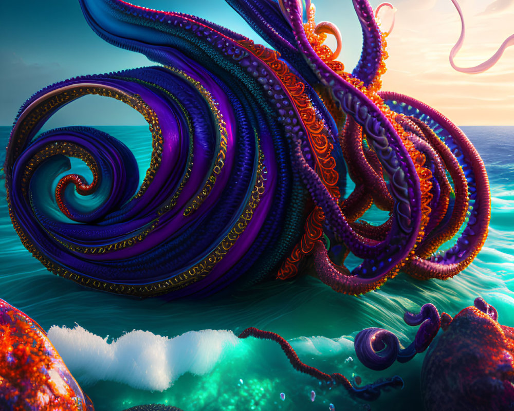 Colorful digital artwork: Giant octopus in surreal ocean landscape