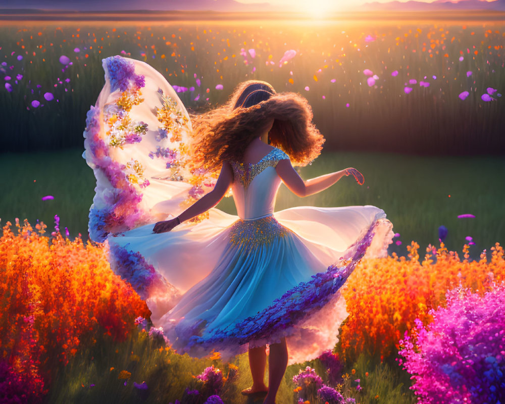 Woman with butterfly wings in vibrant flower field at sunrise