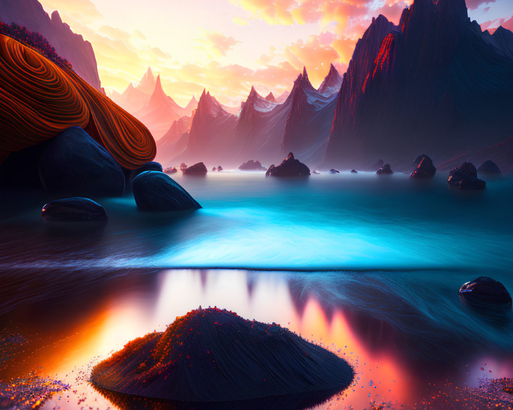 Surreal landscape with glowing blue lake and colorful sky