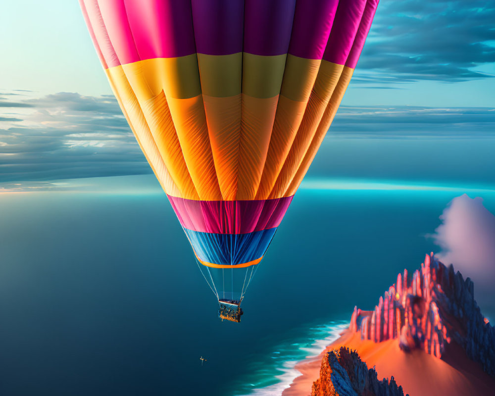 Colorful hot air balloon over orange cliffs and turquoise sea at dusk