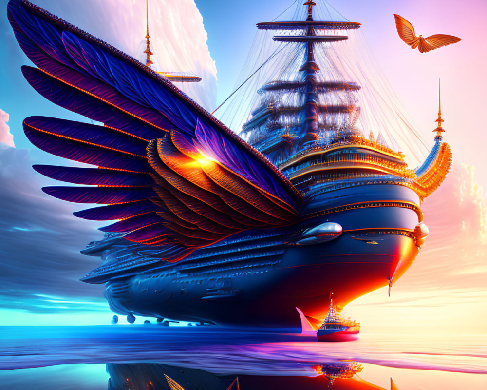 Colorful butterfly-winged sailing ship on reflective water under sunset sky