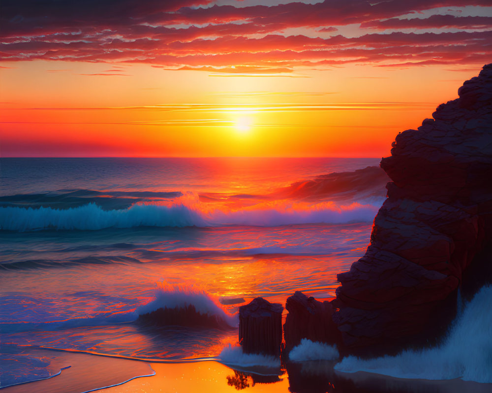 Scenic Ocean Sunset with Waves Crashing on Rocks