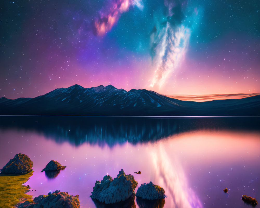 Serene lake reflecting purple and blue night sky over mountains