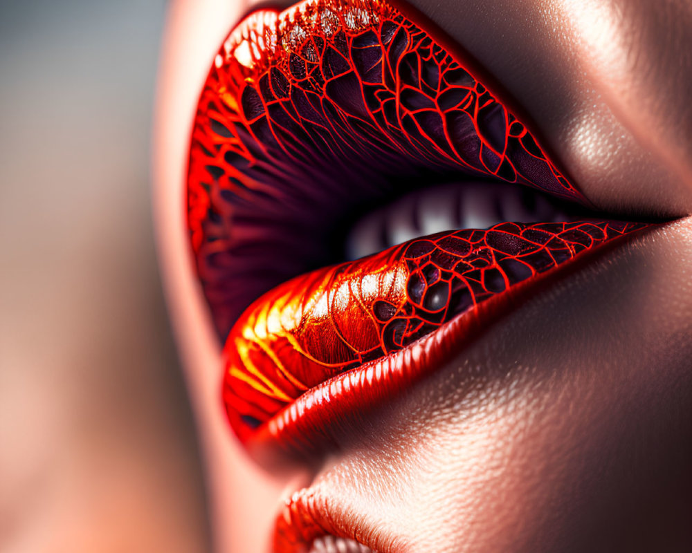 Detailed Close-up of Red and Orange Cracked Lips Texture