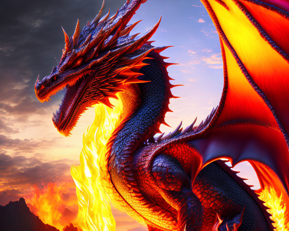 Majestic dragon with flaming wings on a mountain at sunset