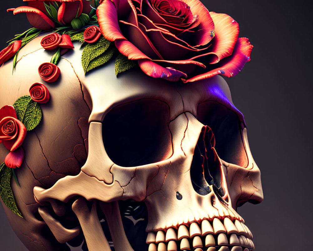 3D-rendered human skull with red roses and green leaves on dark background