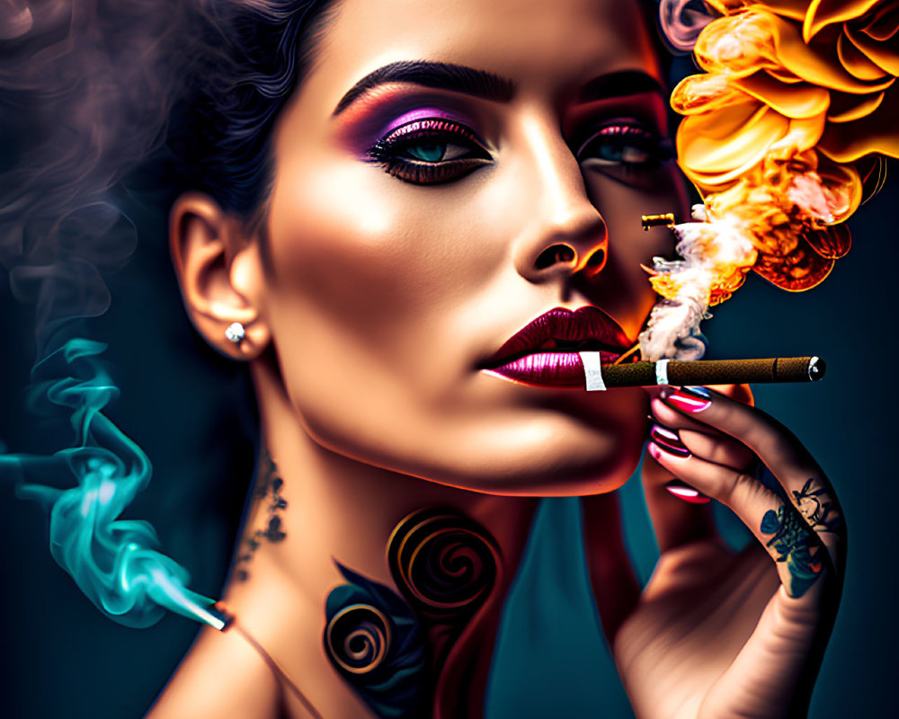 Colorful portrait of tattooed woman with cigar in swirling smoke.