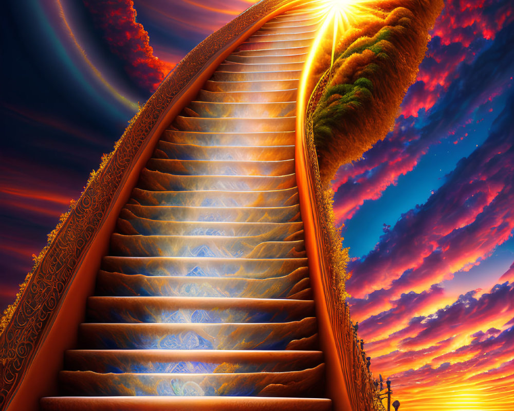 Colorful digital artwork: Ornate staircase under sunset sky