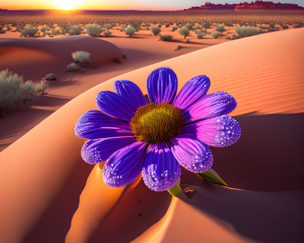 Purple Flower with Water Droplets in Desert Sunset Landscape