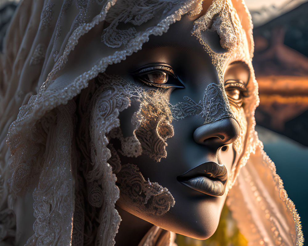 Detailed Lace Veil Close-Up Against Sunset Mountain Landscape