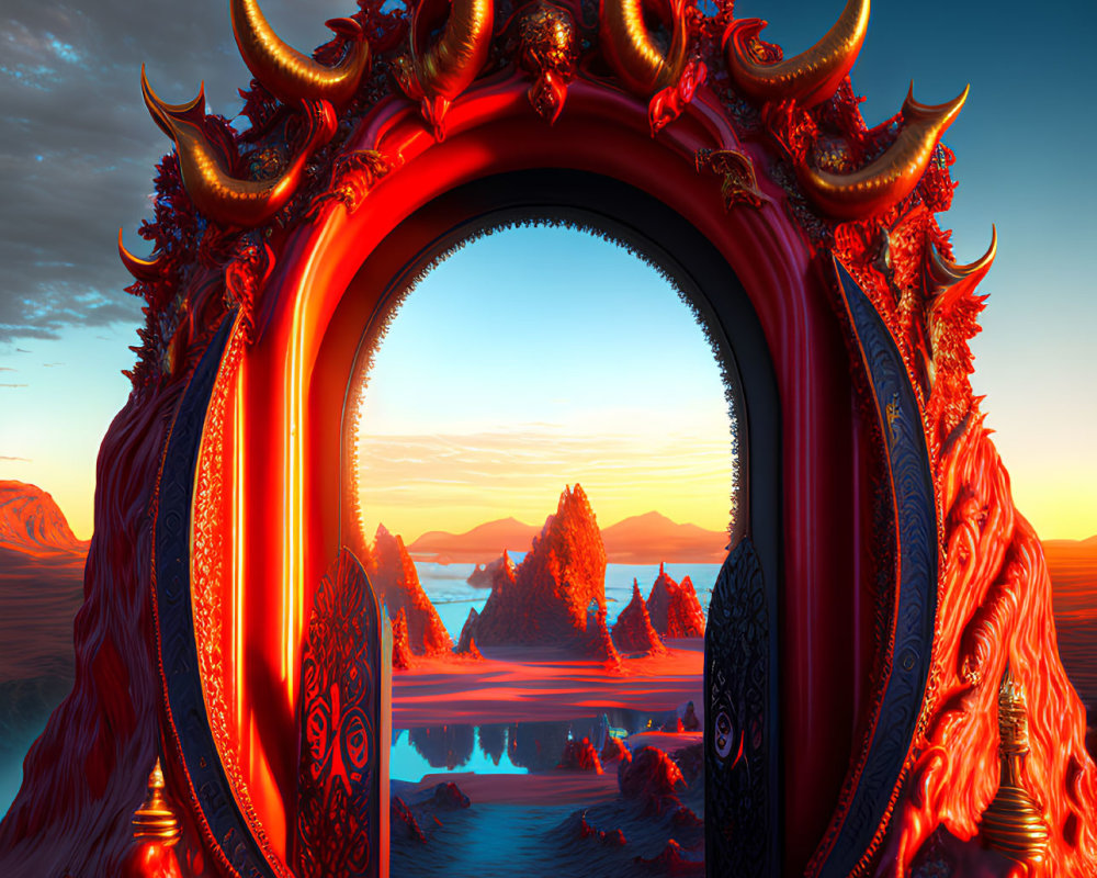 Ornate red and gold archway against serene sunset lake and mountain landscape