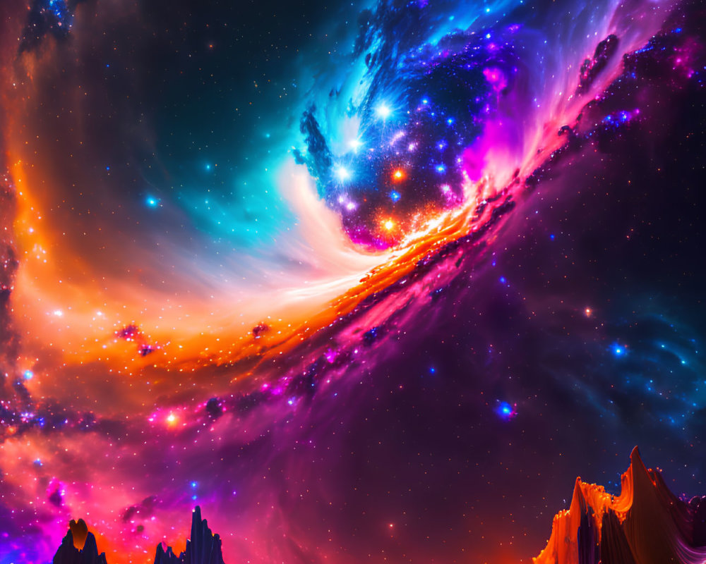 Colorful Cosmic Scene with Swirling Nebulae and Mountains