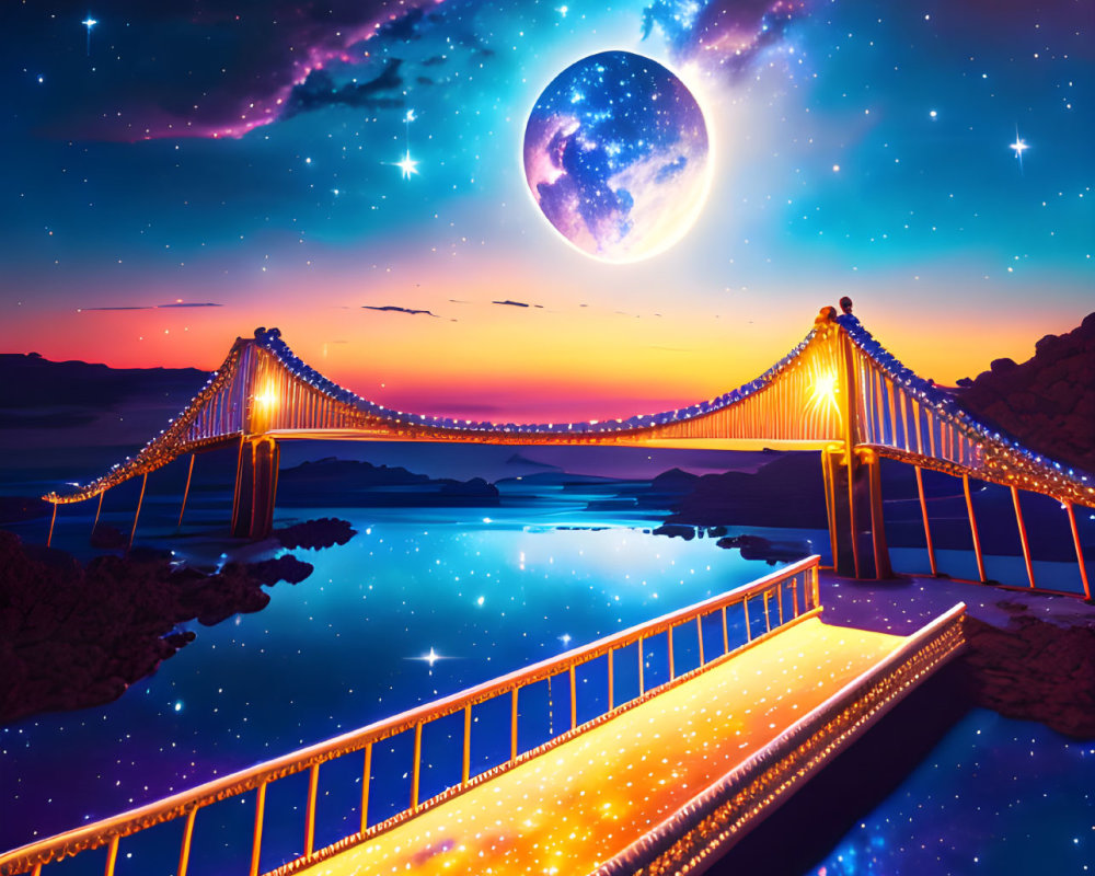 Fantasy landscape with golden bridge over serene lake at night