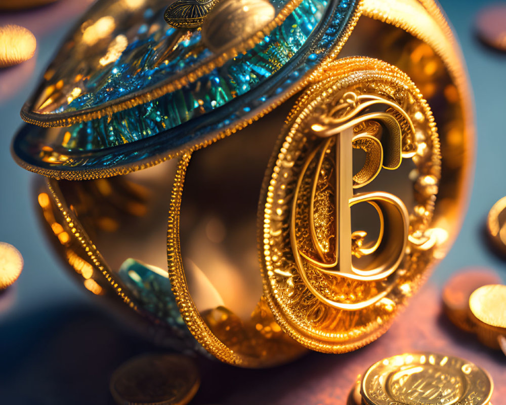 Golden 3D Rendered Cryptocurrency Coin with "B" Symbol and Scattered Coins