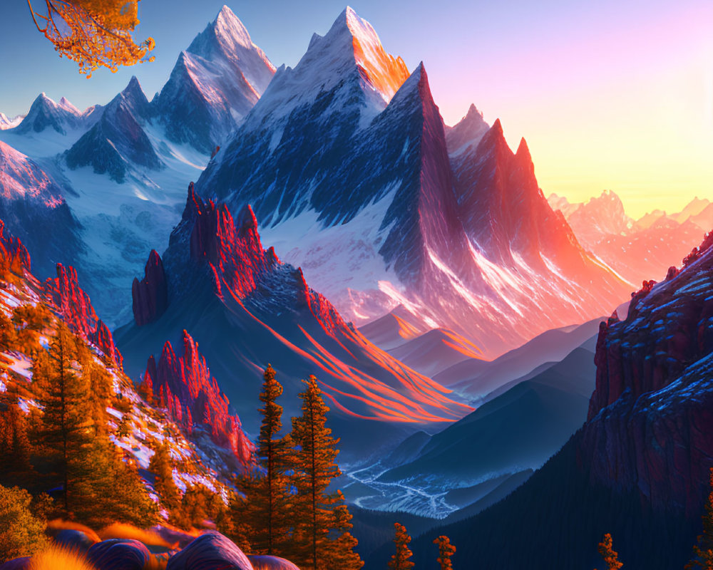 Snow-capped peaks, river, autumn trees in vibrant mountain sunrise landscape