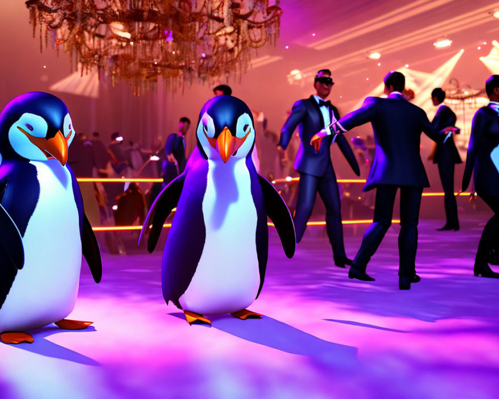 Dancing penguins and stylishly dressed humans in warm lighting