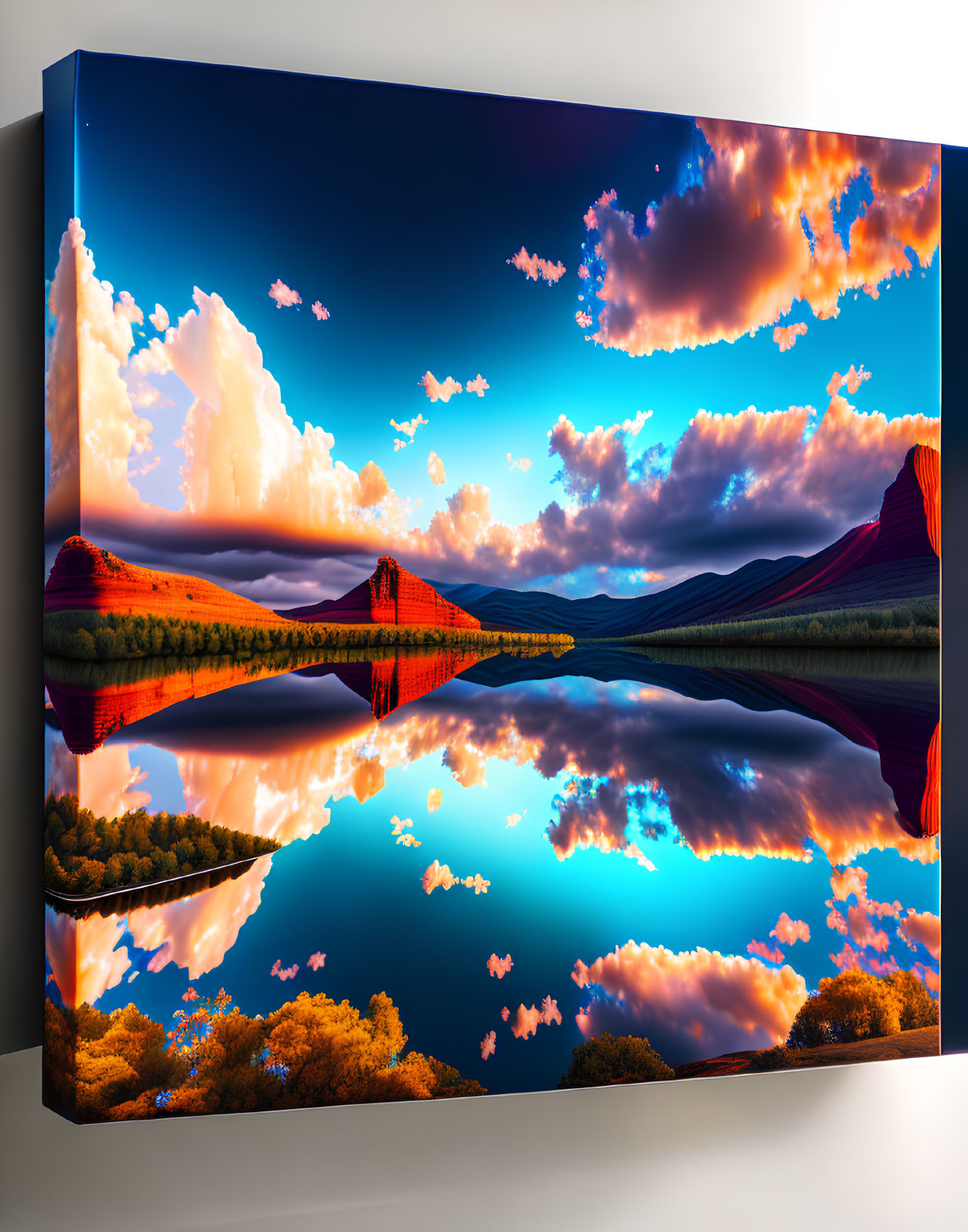 Scenic landscape canvas print with reflective water and colorful sunset sky