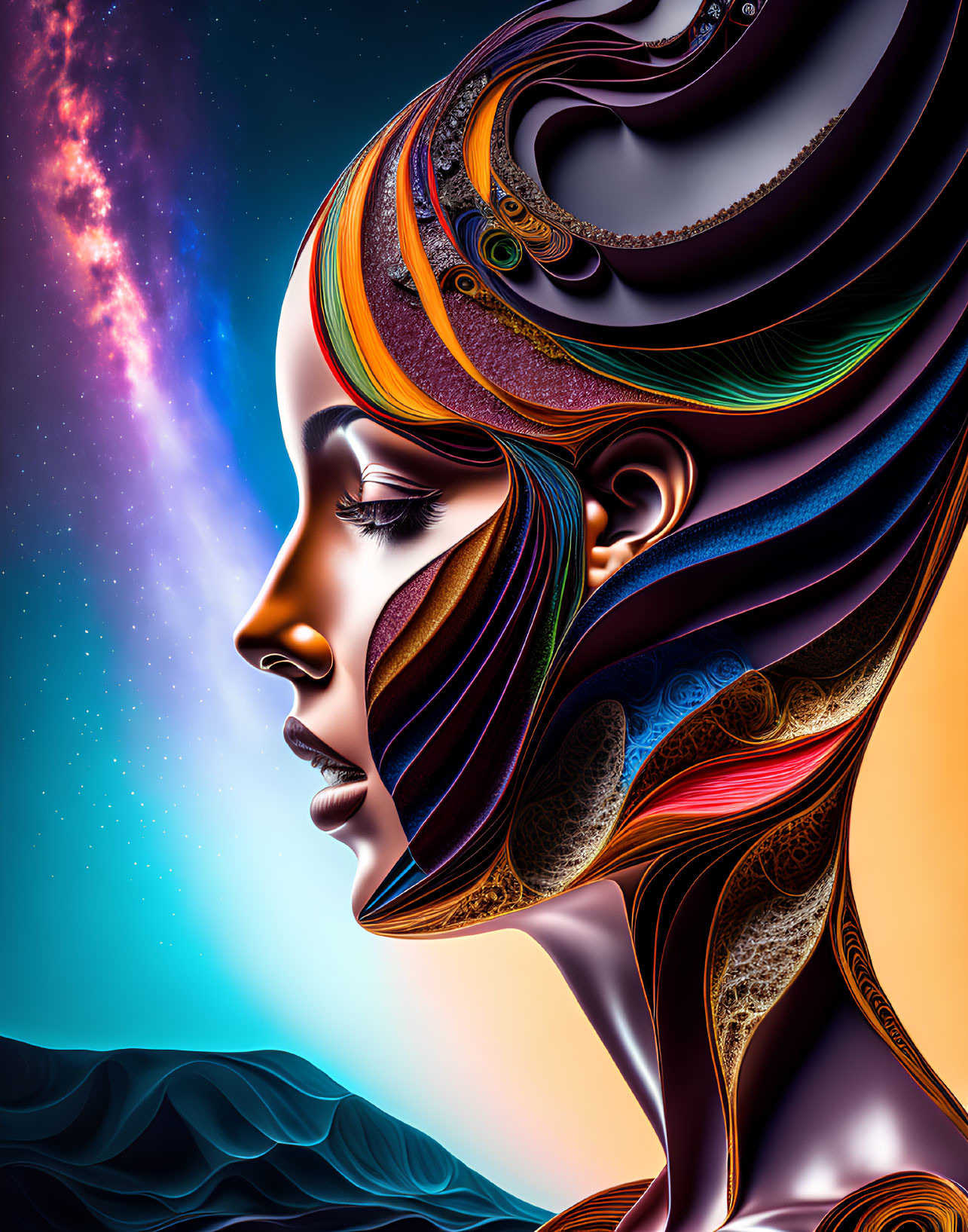 Colorful digital artwork of woman's profile with abstract hair blending cosmic and earthly elements