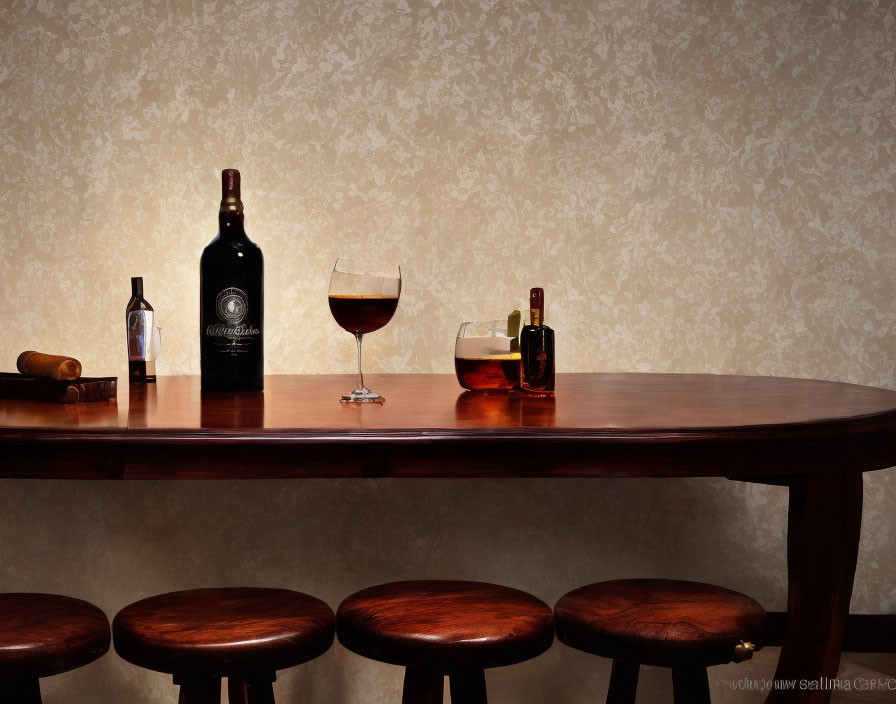 Wooden bar with stools, liquor bottle, glass, mini bottle, and cork on beige wall.