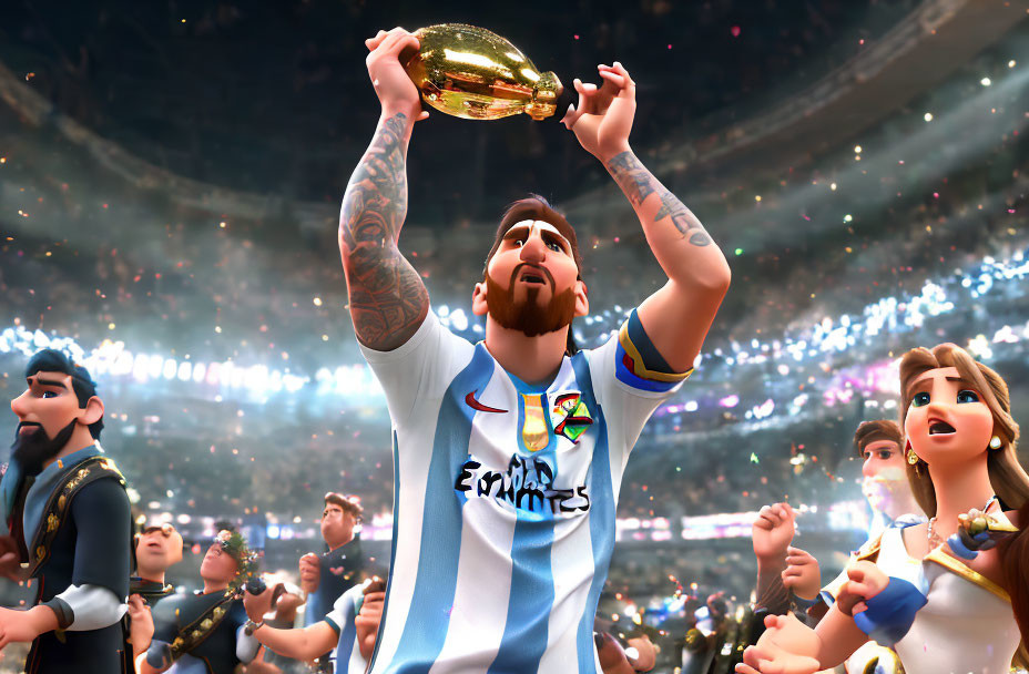 Animated soccer player celebrates victory with trophy in stadium full of fans