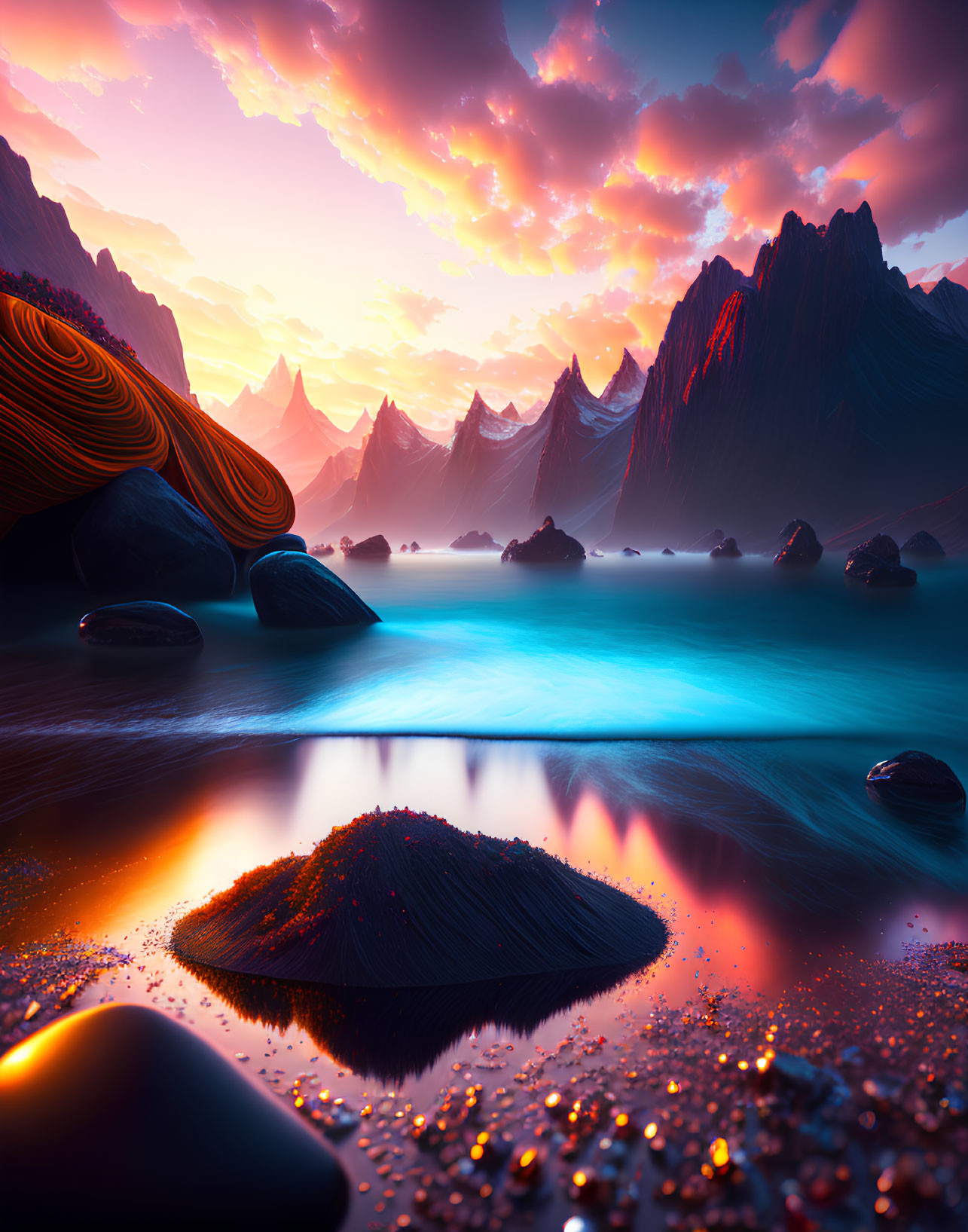 Surreal landscape with glowing blue lake and colorful sky