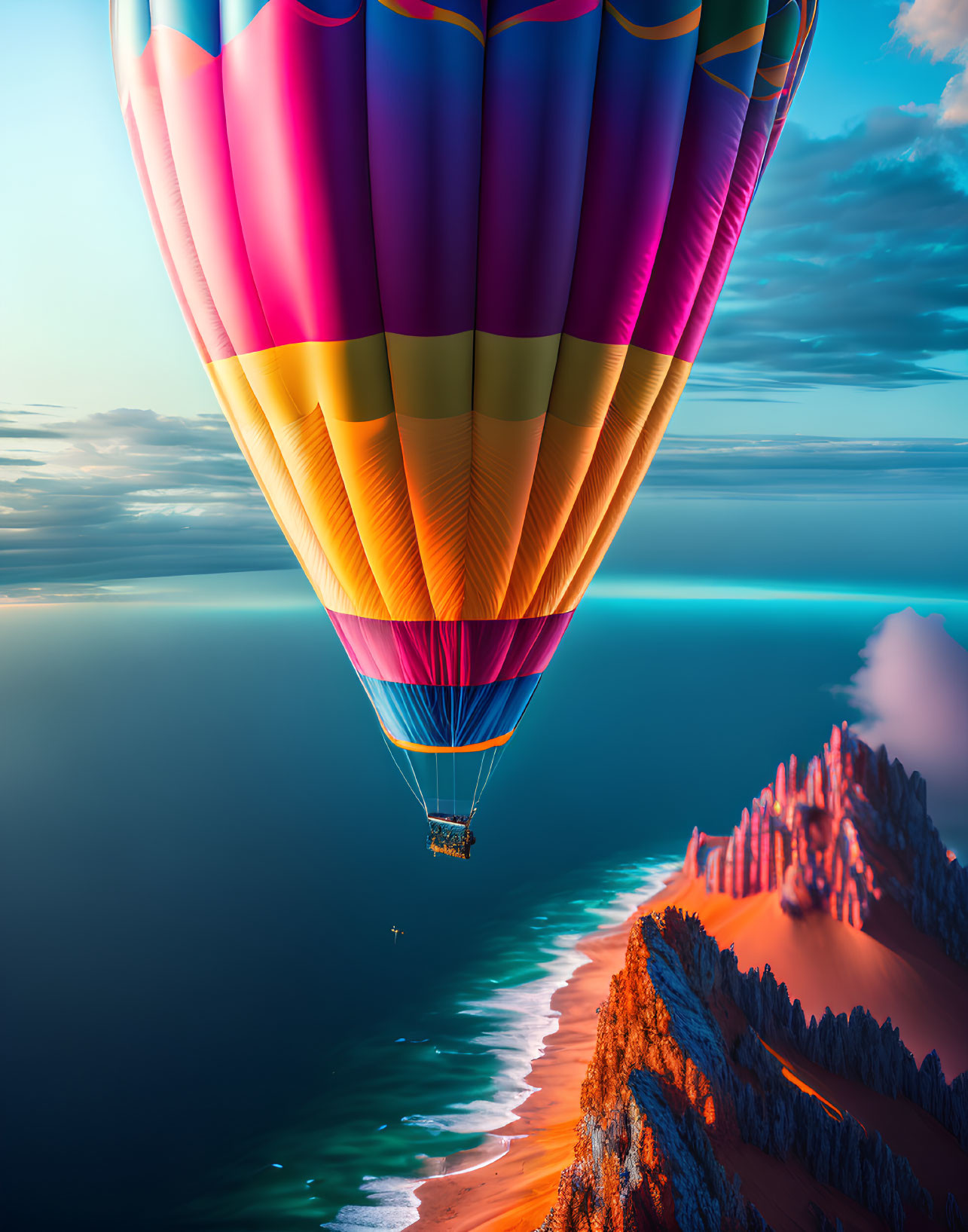 Colorful hot air balloon over orange cliffs and turquoise sea at dusk