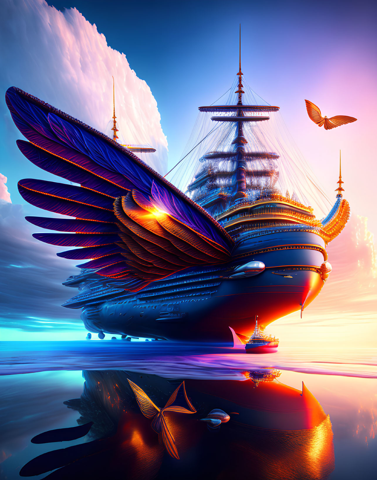 Colorful butterfly-winged sailing ship on reflective water under sunset sky