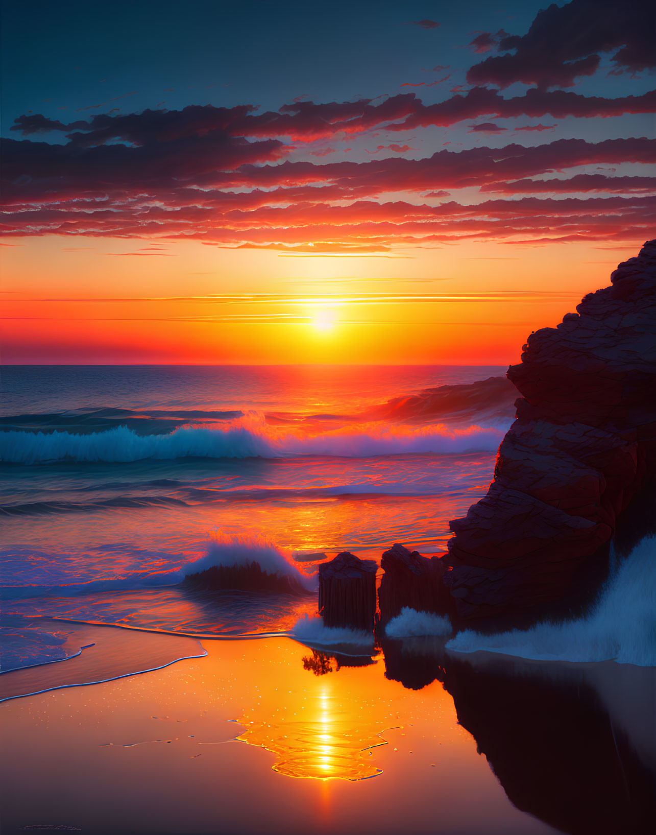 Scenic Ocean Sunset with Waves Crashing on Rocks