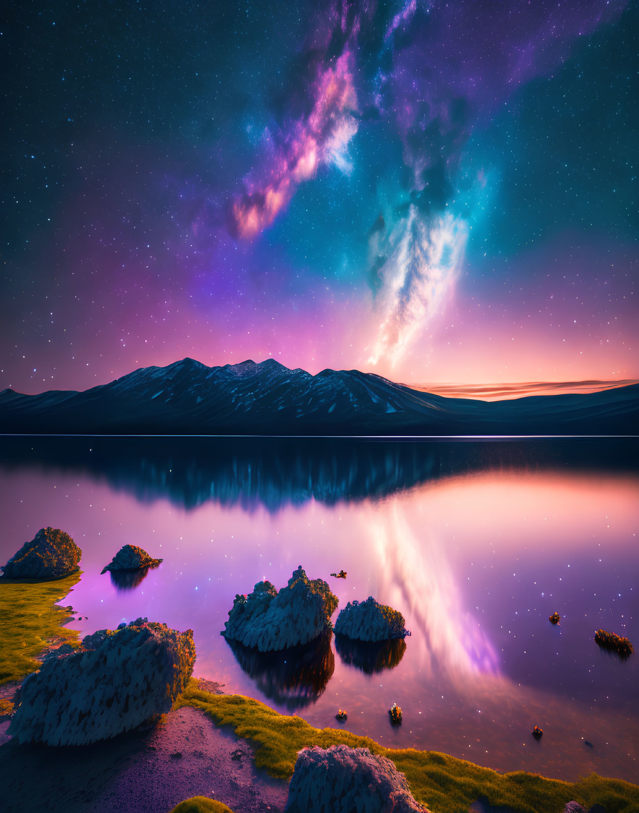 Serene lake reflecting purple and blue night sky over mountains