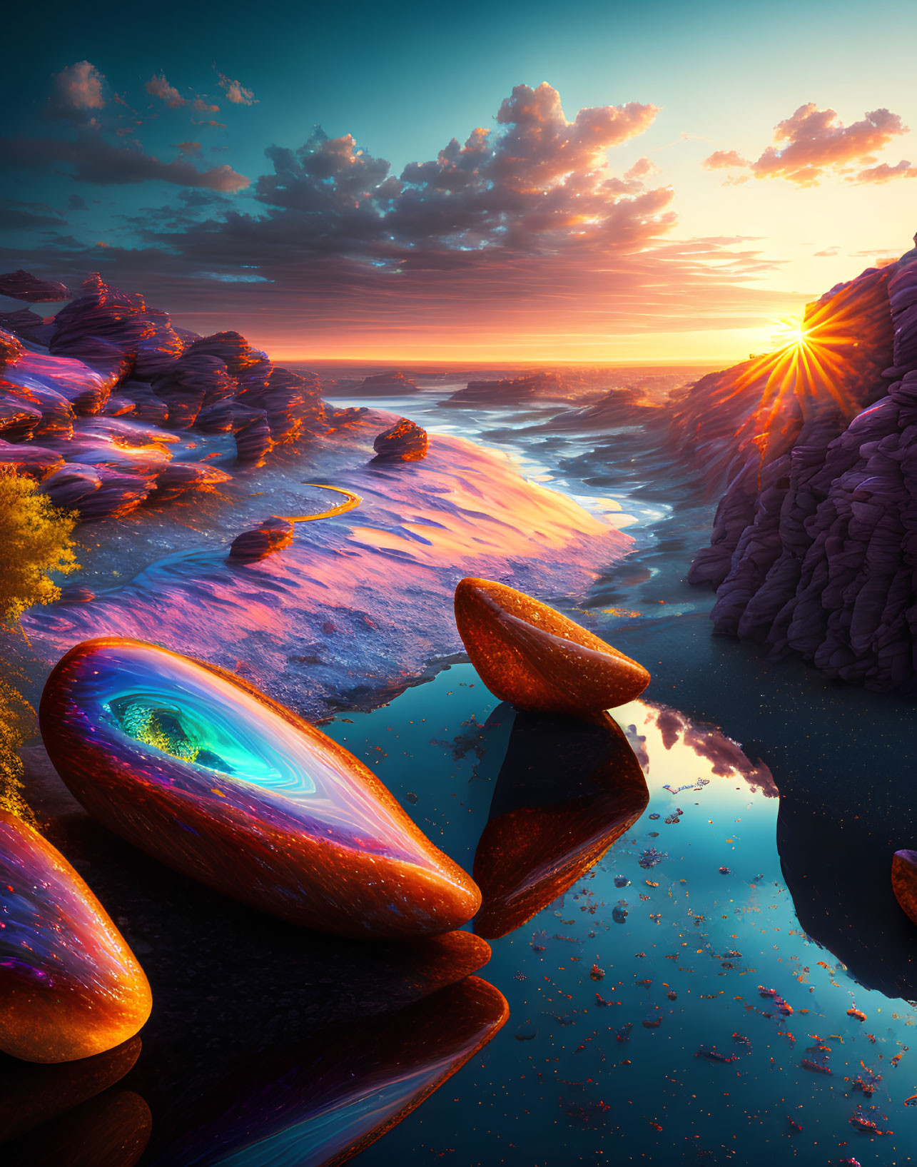 Surreal landscape with radiant sunset and fantastical rock formations