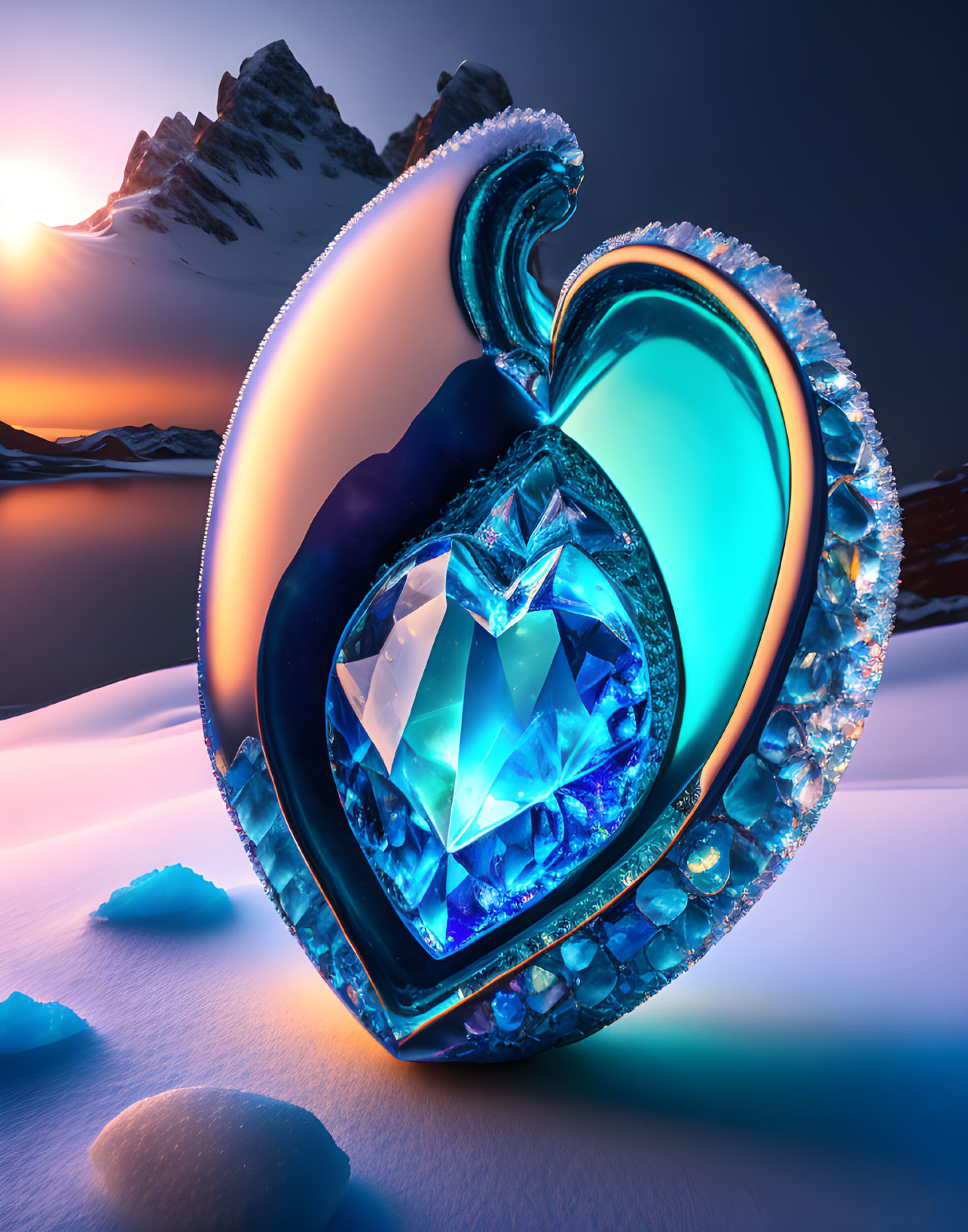 Heart-shaped crystal in surreal snowy mountain scene at twilight