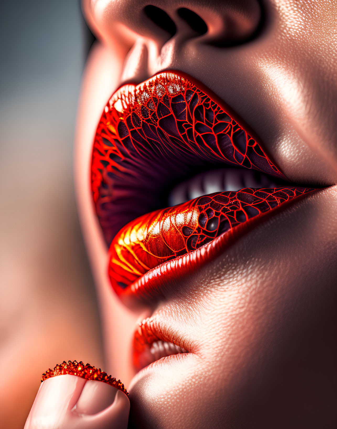 Detailed Close-up of Red and Orange Cracked Lips Texture