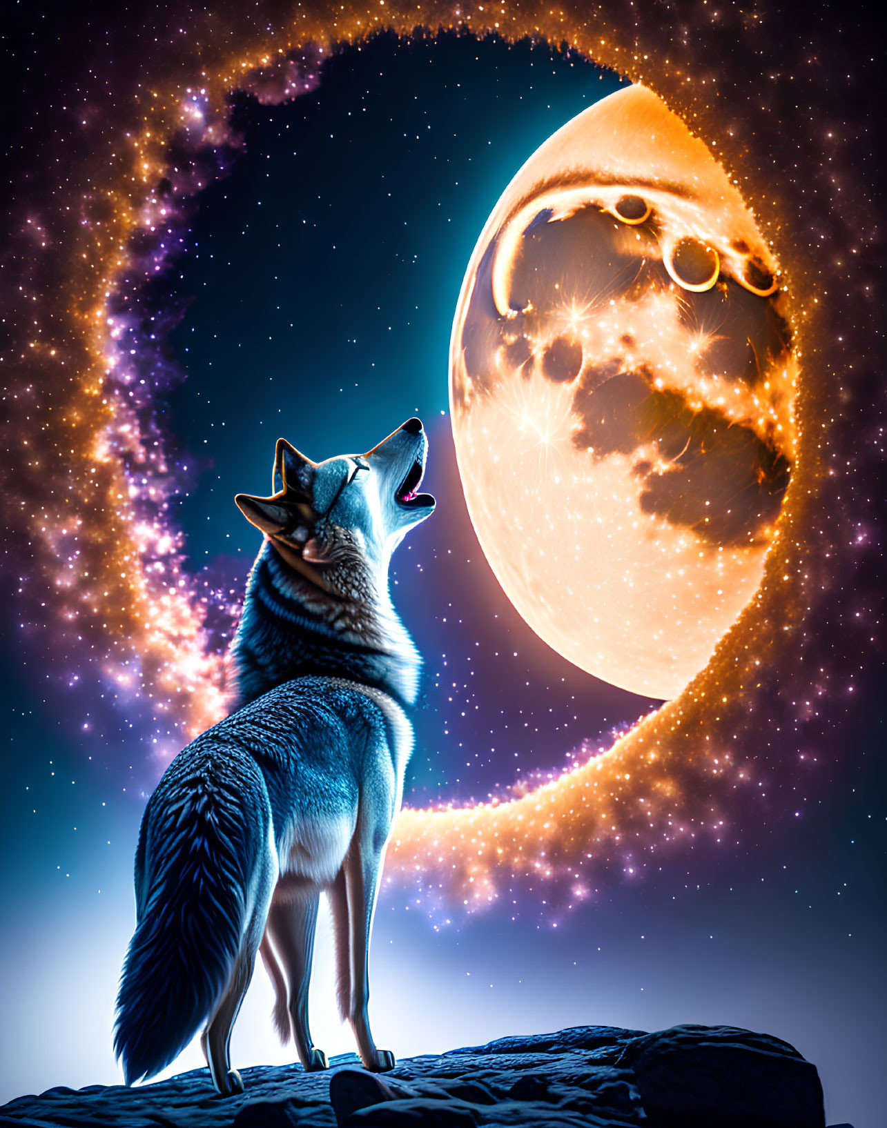 Wolf howling at surreal oversized crescent moon in glowing galaxy backdrop