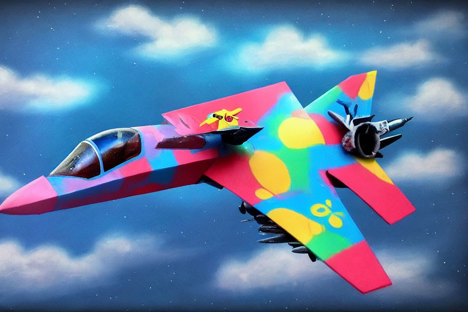 Colorful Abstract Patterned Toy Fighter Jet Soaring in Cloudy Blue Sky