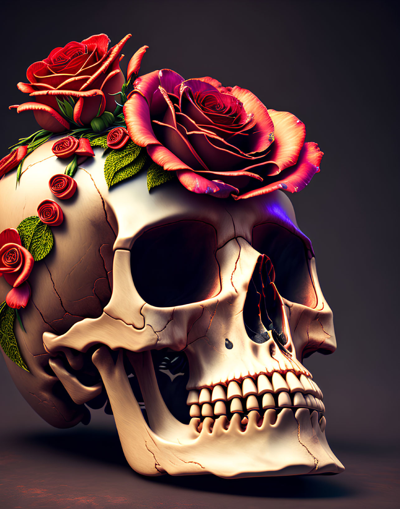 3D-rendered human skull with red roses and green leaves on dark background